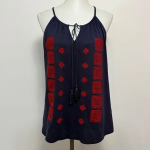 Solitaire Tank Top Large Navy Blue Red Embroidered Tassel Keyhole Boho Folk thumbnail 2