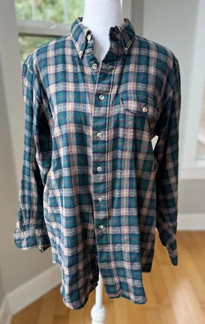 Vintage Lands End Tan Green Purple Plaid Wool Cotton Button Down Flannel Shirt M thumbnail 1