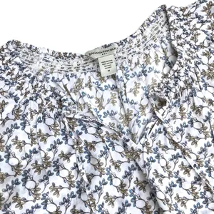 Banana Republic Blue White Brown Tie Sleeve Floral Cotton Top, Sz Medium thumbnail 2