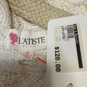 NEW L'atiste White Paisley Lace Long Sleeve Belted Midi A-Line Shirt Dress Sz M thumbnail 6