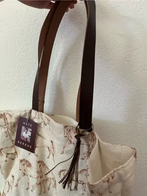 NEW Nate Berkus Wild Horse Print Cotton Canvas Tote Bag Genuine Leather Handles thumbnail 3
