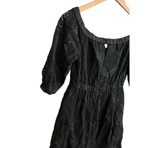 Milly Black Eyelet Cotton Mini Dress 3/4 Puff Sleeve Elastic Waist Pockets‎ P thumbnail 4