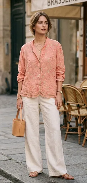 Y2K J Jill Coral Floral Embroidered Coral Button-Front Blouse thumbnail 1
