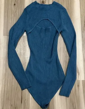 Abercrombie and Fitch Blue Ribbed Keyhole Bodysuit Women’s Small thumbnail 1