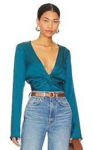 Free People Miraya NWT V Neck Twist Front Long Sleeve Crop‎ Top Teal XL thumbnail 1