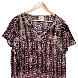 Knox Rose Women Boho Cottage Blouse XXL Maroon Floral Embroidered Peasant Top thumbnail 3