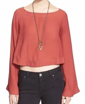Free People Stars Aligned Boho Cropped Terracotta Blouse size Large thumbnail 1