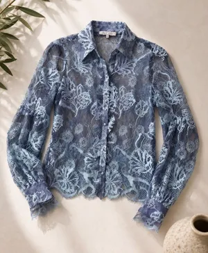 Alexis Floral Lace Blouson Sleeve Sheer Button Front Silk Blouse Romantic XS thumbnail 1
