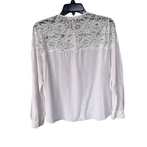 Rebecca Taylor Women's Long Sleeve Silk and Lace Top in white 2 thumbnail 2