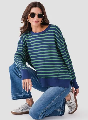 Aerie Sz M Oversized Pullover Sweatshirt Navy Green Flowy Waffle Crew‎ Blouse thumbnail 1