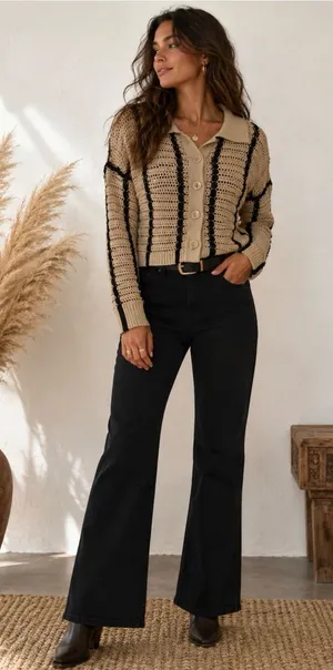 Elan Beige Knit Cardigan with Black Accents thumbnail 1