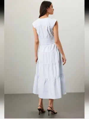 Derek Lam Light Blue Poplin V-Neck Tiered Midi Dress EUC US Size 4 MSRP $398 thumbnail 3