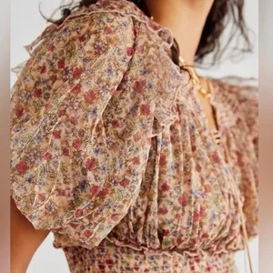 Free People Beatrice Floral Print Brown Lace Up Puff Sleeve Blouse Top Size S thumbnail 7