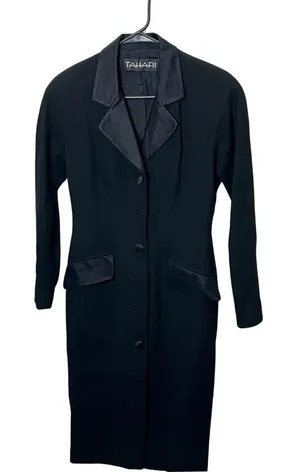 Tahari Vintage Black 100% Wool Silk‎ Trim Blazer Coat Dress Womens 4 Made in USA thumbnail 1