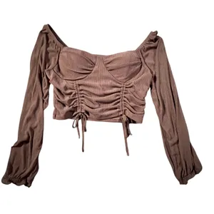 Madden NYC Crop Top Womens Large Brown Ruched Bustier Ribbed Long Sleeve‎ thumbnail 1