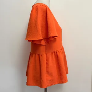 Entro Peplum Top Small Orange V-Neck Flutter Sleeve Textured Ruffle Blouse thumbnail 4