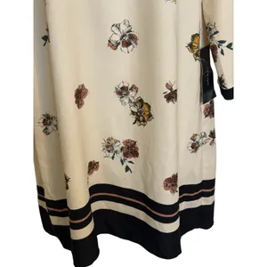 ZARA Floral Cream Brown Striped Hem 3/4 Sleeve‎ Shift Mini Dress NWT $70 Medium thumbnail 5
