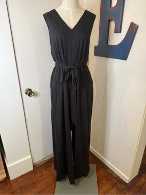Natori Bliss Essential Cotton black V-Neck Wide-Leg Belted jumpsuit Sz XL thumbnail 6