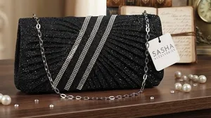 Sasha Accessories Shimmering Black Evening Clutch with Crystal Rhinestone Accents thumbnail 1