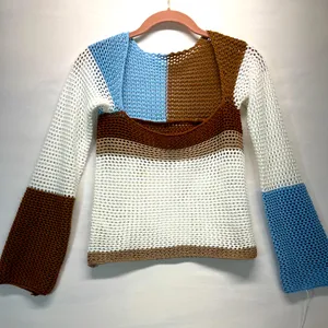 Colorblock Crochet Crop Top Sweater Women S Multicolor Square Neck‎ Boho Sheer thumbnail 1