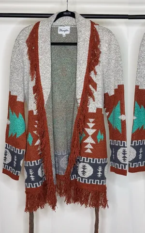 Wrangler Boho Western Aztec Print Fringe Belted Cardigan size XL thumbnail 1