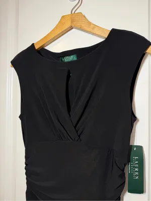 Ralph Lauren Black Draped Ruched Sheath Midi Dress Wedding Guest Date Night thumbnail 2