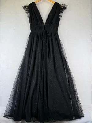 Lulus Black Swiss Dot Tulle Maxi Dress XS Ruffle Deep V-Neck Smocked Waist‎ thumbnail 1