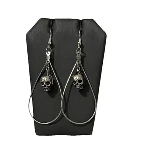 Handmade Gothic Skull Teardrop Hoop Earrings Silver Dangle Punk Halloween Emo thumbnail 4
