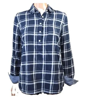Tommy Hilfiger Womens S Blue Plaid Roll Tab Long Sleeve 3/4 Button-Down Flannel thumbnail 1