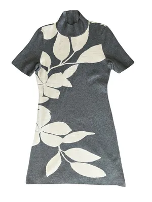 By Anthropologie Mock Neck Short Sleeve Knit Floral Gray Mini Dress Size XS thumbnail 10