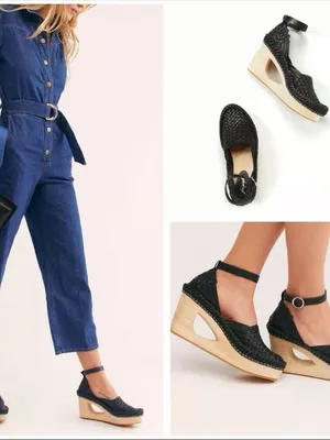 Free People women Black leather Woven Ankle-Strap Platform Wedges sandals US 8 thumbnail 5