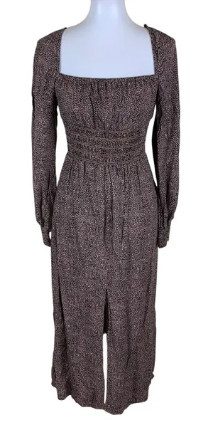 AFRM Brown Ditsy Leopard Print Square Neck Long Sleeve Midi Dress Boho M thumbnail 1