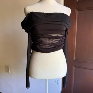 ALICE + OLIVIA | Isadola Long Sleeve Top Ruched Mesh Off Shoulder | Medium thumbnail 2