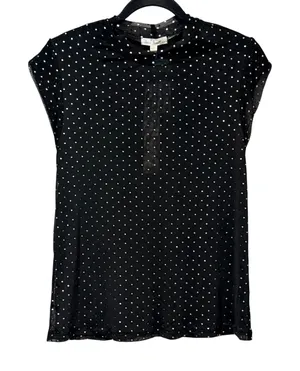 Nine Britton Womens Black Silver Foil Polka Dot Mesh Mock Neck Cap Sleeve Top S thumbnail 1