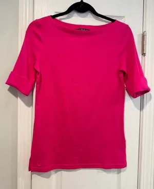 NWOT LRL Lauren Ralph Lauren Size S Pink Boat Neck Cuffed Sleeve Top Cotton thumbnail 1