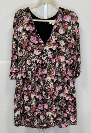Saltwater Luxe Pink Floral V-Neck Mini Dress‎ Long Sleeve Rayon Medium Boho thumbnail 1