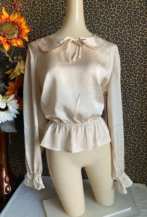 Unique Vintage NWT Champagne Satin Peplum Blouse X-LARGE thumbnail 5