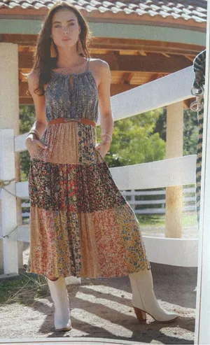 Young Threads Embroidered Denim Halter Patchwork Midi Dress Latte L NWT thumbnail 1