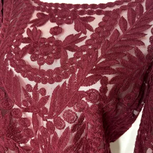 REISS Alden Lace 3/4 Sleeve Claret Burgundy Semi Sheer Blouse‎ Top Large thumbnail 7