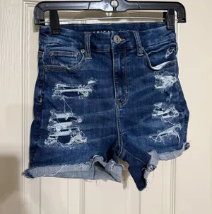 American Eagle Curvy Hi-Rise Shortie Distressed Denim Shorts Dark Wash Sz 0 thumbnail 1