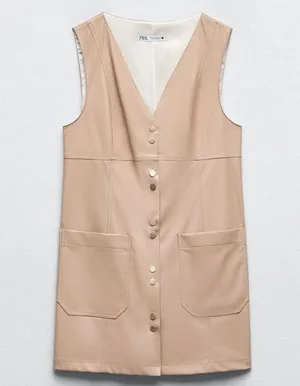 Zara FAUX LEATHER MINI PINAFORE DRESS in Beige thumbnail 4