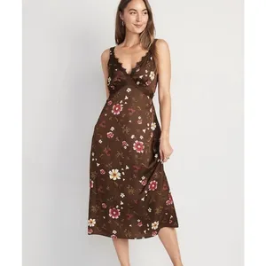 Old Navy Women’sLace-Trimmed Satin Cami Slip Dress M Brown Floral Midi Babydoll thumbnail 3