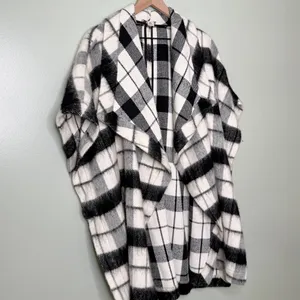 Lucky Brand Wool Oversized Plaid Shawl Poncho Cardigan Sweater Black White Large thumbnail 3