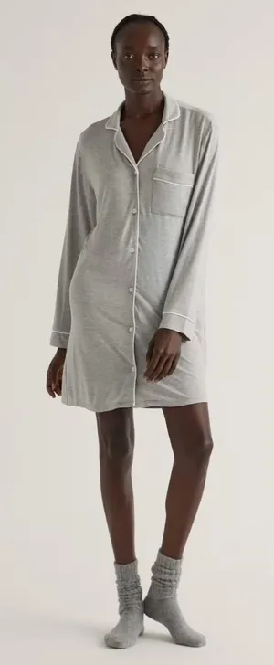 Quince Gray Bamboo Jersey Pajama Sleep Shirt with White Trim Size Medium thumbnail 1