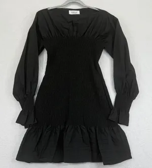 Derek Lam 10 Crosby Mini Dress Size 6‎ Black Long Sleeve Smocked Ruffle Cotton thumbnail 1