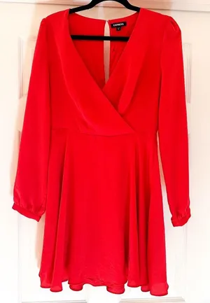 Express Satin Long Sleeve Surplice Fit and Flare Blouson mini Dress Red sz Small thumbnail 3