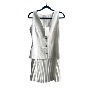 Zara Dress Women XL White Old Money‎ Pleated Mini Skirt V-Neck Waistcoat Vest thumbnail 3