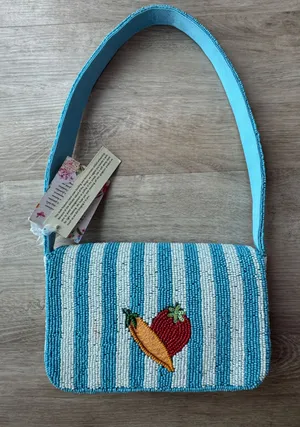 Handcrafted in India Blue Striped Vegetable Beaded Bag Viral TikTok NWT thumbnail 1