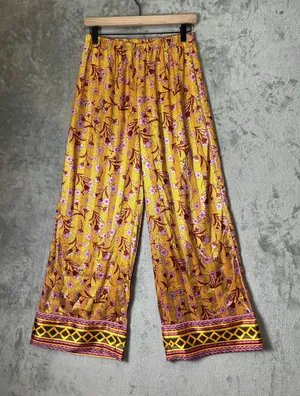 Free People Intimately Floral Wide Leg Pants XS Boho Palazzo Pull On Yellow Pink thumbnail 1