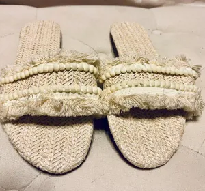 Fringe Straw Boho Sandals Open Toe Slides White Size 6 thumbnail 7
